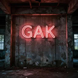 abandoned industrial basement lit by a neon sign that says GAK