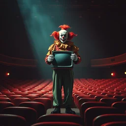 a clown holding a small old tv screen in front of his chest and standing on a stage in a big empty theater! in the style of alejandro burdisio and peter mohrbacher and jacek yerka, moody cinematic lighting, detailed, empty seats in the foreground
