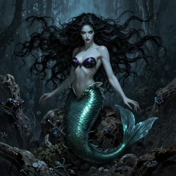 dark evil mermaid with long flowing hair, by bernie wrightson