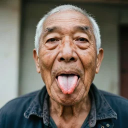 old man with tounge sticking out wide angle