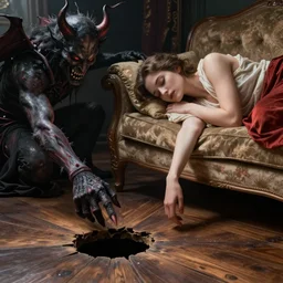 a hole in a wooden floor, a demonic had reaches out to a woman sleeping on a sofa