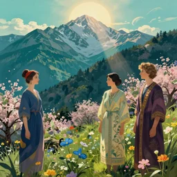 mountain landscape in spring, flowers, teal landscape, dreamy light, sunny complementary palette, by and jacek yerga and tamara de lempicka and jesse king, pop surrealist, wiccan