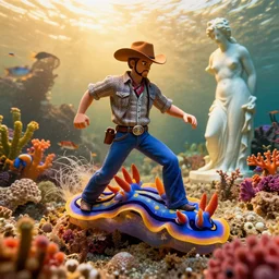 a cowboy turning into blooms in real life. volumetric lighting, beautiful, golden hour, sharp focus, ultra detailed. bold vibrant complementary colors. by frank frazetta, kai carpenter, syd mead. tropical sea slugs. 4 k, 3 5 mm, fujifilm, sculpture by antonio canova
