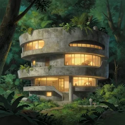 brutalist house, le corbusier, glowing lights, surrounding concrete and jungle, epic, digital art, subtle colors, concept art, detailed illustration, centered, hd, 4 k, digital art, greg rutkowski, dan mumford, studio ghibli trending on artstation