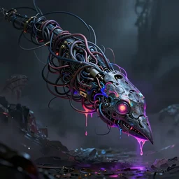 cybernetic hop illustrated with twisting wires and dripping neon paint, dark fantasy grunge stylized illustration by dan mumford