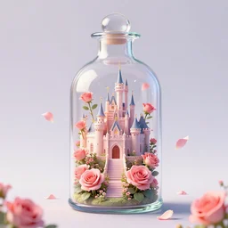 a panoramic sky garden rose world in a special - shaped transparent glass bottle, castle, roses, petals are flying, romance, dream, greg lat kosky, night, red rose pavilion, art station trend, bright lights, smoke, wood support, ue 4, hd, lighting, winter, auv