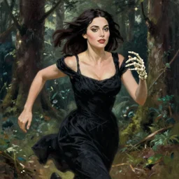 masterpiece painting of monica bellucci wearing a black dress, running in the forest, skeleton fingers, beautiful face, beautiful eyes, beautiful lips, elegant, beautiful, cinematic lighting, studio ghibli