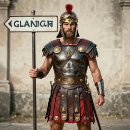 gladiator wearing a road sign on his kilt