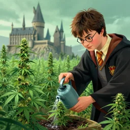 harry potter watering a cannabis field in hogwarts, marijuana plants, digital illustration, in the style of greg rutkowski, very detailed, artstation, smooth, cinematic, sharp