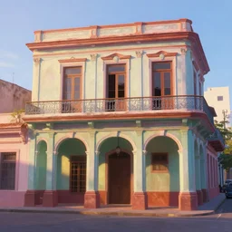 beautiful painting concept art of cuban houses and storefront without characters, colonial architecture, intricate and smooth colors, front view, colorful octane render, beautiful dawn light, cinematic composition, art style by pixar and michal sawtyruk