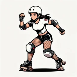 logo design, roller derby girl sprinting Cross-Over, wearing skate helmet, knee pads, elbow pads,full length portrait, fishnet tights, torn, ripped, fists in the air, illustration by Eduardo Risso