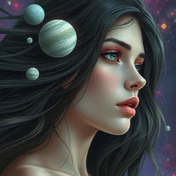 beautiful, haunting young woman, detailed gorgeous face, flowing hair, vaporwave aesthetic, synthwave, space and planets in her hair along her face, digital painting, artstation, concept art, smooth, sharp focus, illustration, art by artgerm and greg rutkowski and alphonse mucha