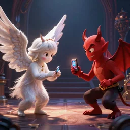 an angel playing a video game against a devil, pixar style