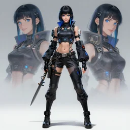 a full body beautiful woman wearing a cyberpunk outfit by karol bak, ayami kojima, artgerm, sakimichan, arabian beauty, blue eyes, smile, concept art, fantasy