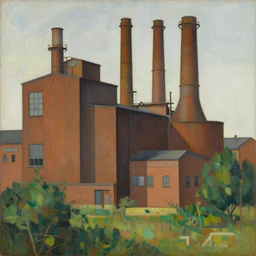 geometric painting of industrial buildings surrounded by undergrowth by l. s. lowry