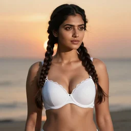 a masterpiece detailed beautiful Indian female model with white Dutch braids at sunset, 8k