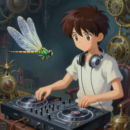surreal gouache painting, by yoshitaka amano, by ruan jia, by Conrad roset, by good smile company, detailed anime 3d render of a magical Dragonfly  flying on a DJ mixer, portrait, cgsociety, artstation, rococo mechanical and electronic, dieselpunk atmosphere