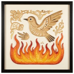 a bird rising above the flames, mexican folk art, native american folk art, relief engraving, framed art, intricate abstract, mild expressionism, award winning