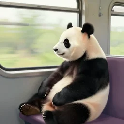 a panda sits in a train car, looking out the window, art by michael sowa.