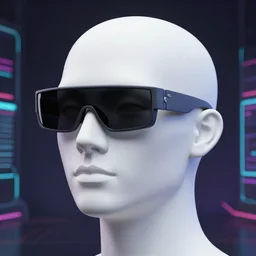 A 3d white human head model wearing futuristic one lens glasses, futuristic synthwave background, Sony a7 IV, studio lighting