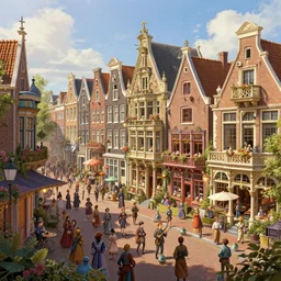 a lively magical town during a festival, inspired by victorian england and amsterdam, sunny weather, highly detailed, intricate, digital painting, trending on artstation, concept art, matte painting, art by greg rutkwowski, craig mullins, octane render, 8 k, unreal engine