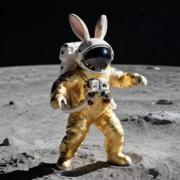 a bunny!! astronaut! in a golden spacesuit standing on the moon. zeiss lens, 5 0 mm, dynamic pose, action pose