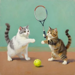 两 只 猫 打 乒 乓 球, oil painting