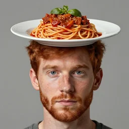 highly detailed portrait of a ginger mans face who has had a plate spaghetti bolognese tipped all over his head artstation, 8 k, sfx, john singer sargent.