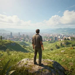 A man standing in hills and fields with a city in the distance, extremely detailed, unreal engine, artstation, artstationHQ, artstationHD, 4k, 8k, ultra high res