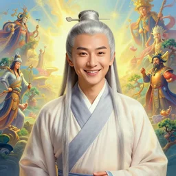portrait painting of a 6 0 year old smile handsome taoist priest, silver ponytail hair, amiable by yangjun chen, huang guangjian, fenghua zhong, wenjun lin, nadar, bright colors, octopath traveler, unreal engine 5 highly rendered, global illumination, radiant light, detailed and intricate environment