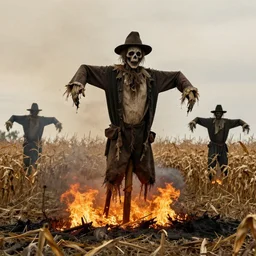 horrifying 4 - armed scarecrow from the early 1 9 0 0's burning down the cornfields the cornfields