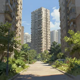 hyperdetailed digital paint by greg rutkowski, brutalist city. pedestrian view. plants. sunny day.