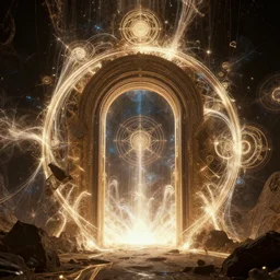 a centered realistic render of a post apocalyptic portal surrounded by glowing fractals and ornate flowing light streams sacred geometry, high contrast, by beeple, by donato giancola, unreal engine