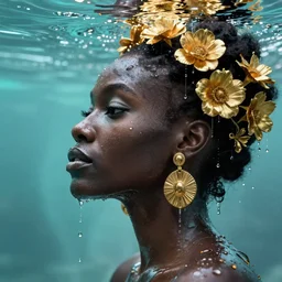 hyperrealistic neo - dada cinematic very expressive! profile black oshun goddess, emerging from water!!, mirror dripping droplet!, gold flowers, highly detailed face, digital art masterpiece, smooth eric zener cam de leon, dynamic pearlescent turquoise light, low angle uhd 8 k, sharp focus