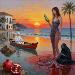 painting of sunrise, a flooded spanish art gallery in marbella beach, death, a tall emo girl, holding a courgette, tapas, rocks by the sea, island, surgeon, canoe, pomegranates, floodwaters, squid ink, the grim reaper, octopus, sensual, north africa, puddles of red, zen, surrealist, by magritte and monet