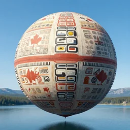 a giant floating sphere covered in canadian aboriginal patterns!! hovering above a Yukon lake, (painted by Ralph McQuarrie), matte painting, concept art