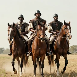 the three african american musketeers sitting on their horses, epic angle