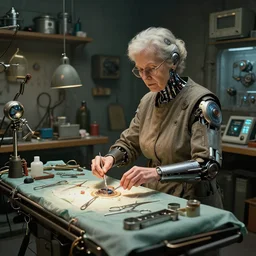 an environmental concept art of an elderly russian woman cyberneticist in a cluttered mechanics workshop, surgical implements, surgery table, highly detailed, cinematic, dramatic, cyberpunk, dieselpunk