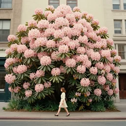 giant rhododendron flower head, woman walking through city, surreal photography, cinema, realistic, symmetry, detailed, retro, wes anderson