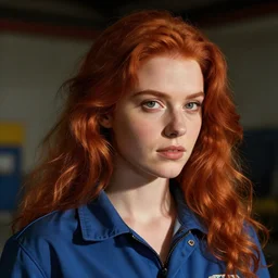 a gorgeous red-haired female mechanic, headshot, in the style of artgerm