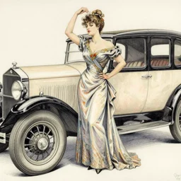 Louis Icart, an old elaborate colored drawing of a woman posing eloquently in front of a 1920's car, wearing flowing dress, by Louis Icart, highly detailed, masterpiece