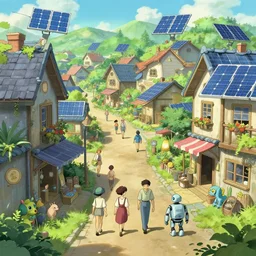 solarpunk style village with people, animals and robots walking. street level view. hd, detailed, smooth, sharp focus, digital painting, by studio ghibli, trending on art station.