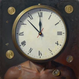 blinded by greed!!! realist absurdity painting, representation and personification of material greed, deadline the clock is ticking, digital world meets pure greed, sociopathic token power, generational human, avarice, entity, trending, amazing masterpiece