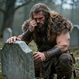 a burly Barbarian, saddly crying at the tombstone of his beloved