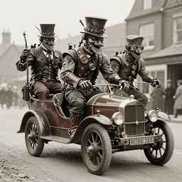 Steampunk monsters driving cars, victorian photo