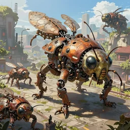 an intricate concept art, illustration, fantasy mechanical large insect biomes in a dystopian street, megafauna, ultra photorealistic, pinterest, artstation, cgsociety, global illumination, pinterest, digital art, hyper detail, anime colors, style by feng zhu and tyler edlin, hyperrealistic octane render, 8 k