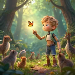 incredible And fantastic android boy trying to touch a butterfly in the forest and the animals around him surround him, with a beautiful aura in the atmosphere, hyper realistic with many details, Greg rutkowski, Trending artstation, cinematographic