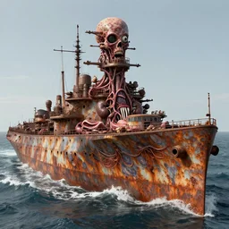 technobiological rusty warship consisting of tumors, veins, meat, kidneys, entrails, guts, skin, blood, eyes. sea waves by aivazovsky. biopunk, bodyhorror, high details, photorealism, full length view, very rust, concept art, octane render, cgsociety by hermann nitsch, dariusz zawadzki