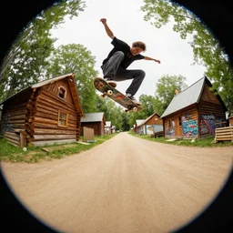 a beautiful matte painting of a skateboarder, kick flip, pilgrim village setting, log homes, dirt road, trees, graffiti, fisheye lens, by Mikko Lagerstedt and Raphael Lacoste