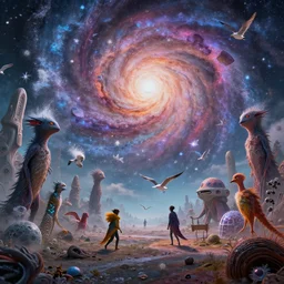 strange creatures wandering The Grove!!!!!, And the flung spray and the blown spume and the seagulls crying!, An Odyssey Beyond Reality, cinematic, hyper realism, high detail, octane render, unreal engine, 8k, vibrant color, from the spirals of galaxies to the hexagonal shapes of snow crystals!!!!, a desolate alien world full of rich colors!!!, unique architecture!!, by andrea chiampo and chet zar